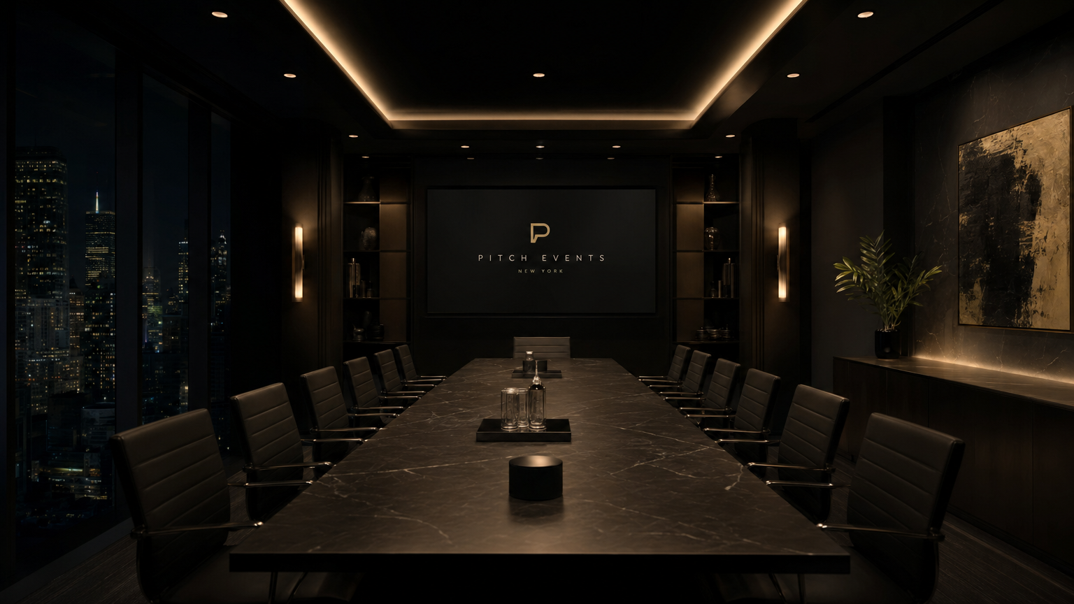 TRIBE pitch room — dark luxury boardroom